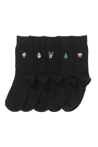 Black Christmas Embroidery Socks Five Pack